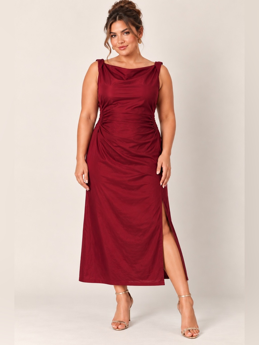 Cider Sleeveless Draped Midi Dress in Burgundy